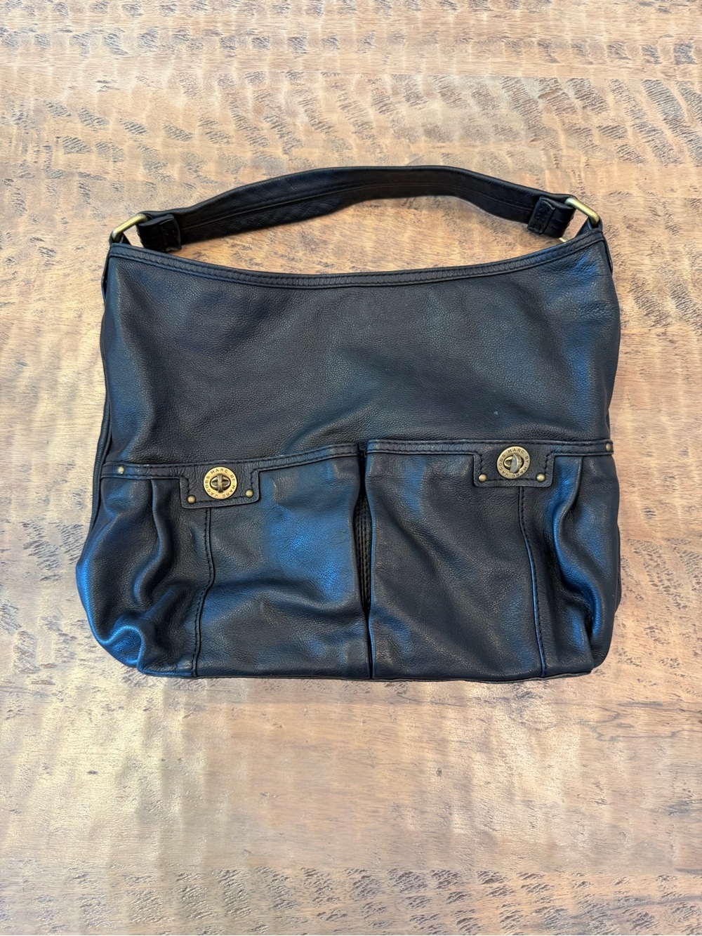 Marc Jacobs Black Leather Shoulder Bag with Front Turn-Lock Pockets